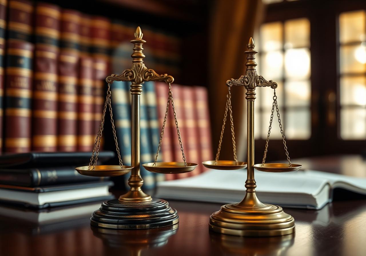 Balança da justiça sobre escrivaninha de mogno